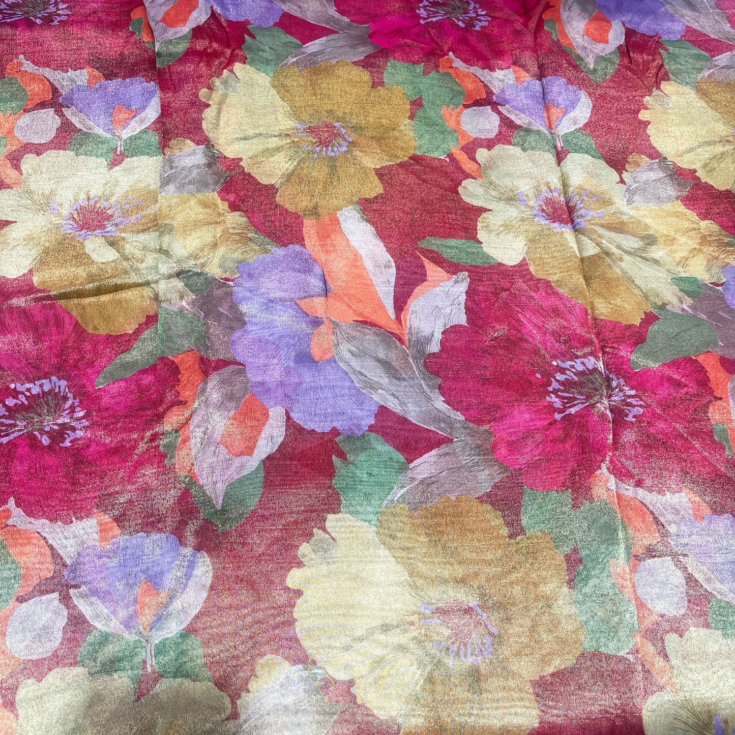 Ruby Bloom Shimmer Tissue Fabric – Multicolor Floral Metallic Designer Fabric
