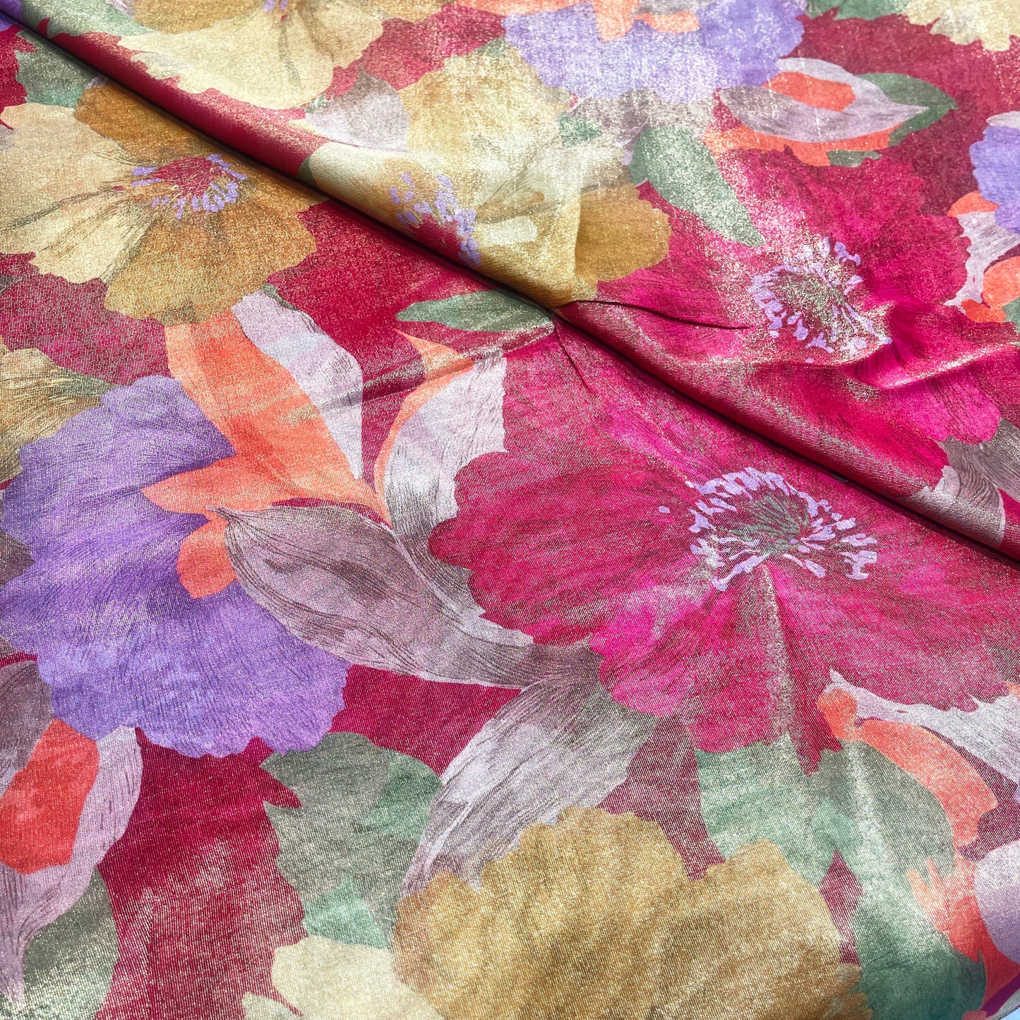 Ruby Bloom Shimmer Tissue Fabric – Multicolor Floral Metallic Designer Fabric