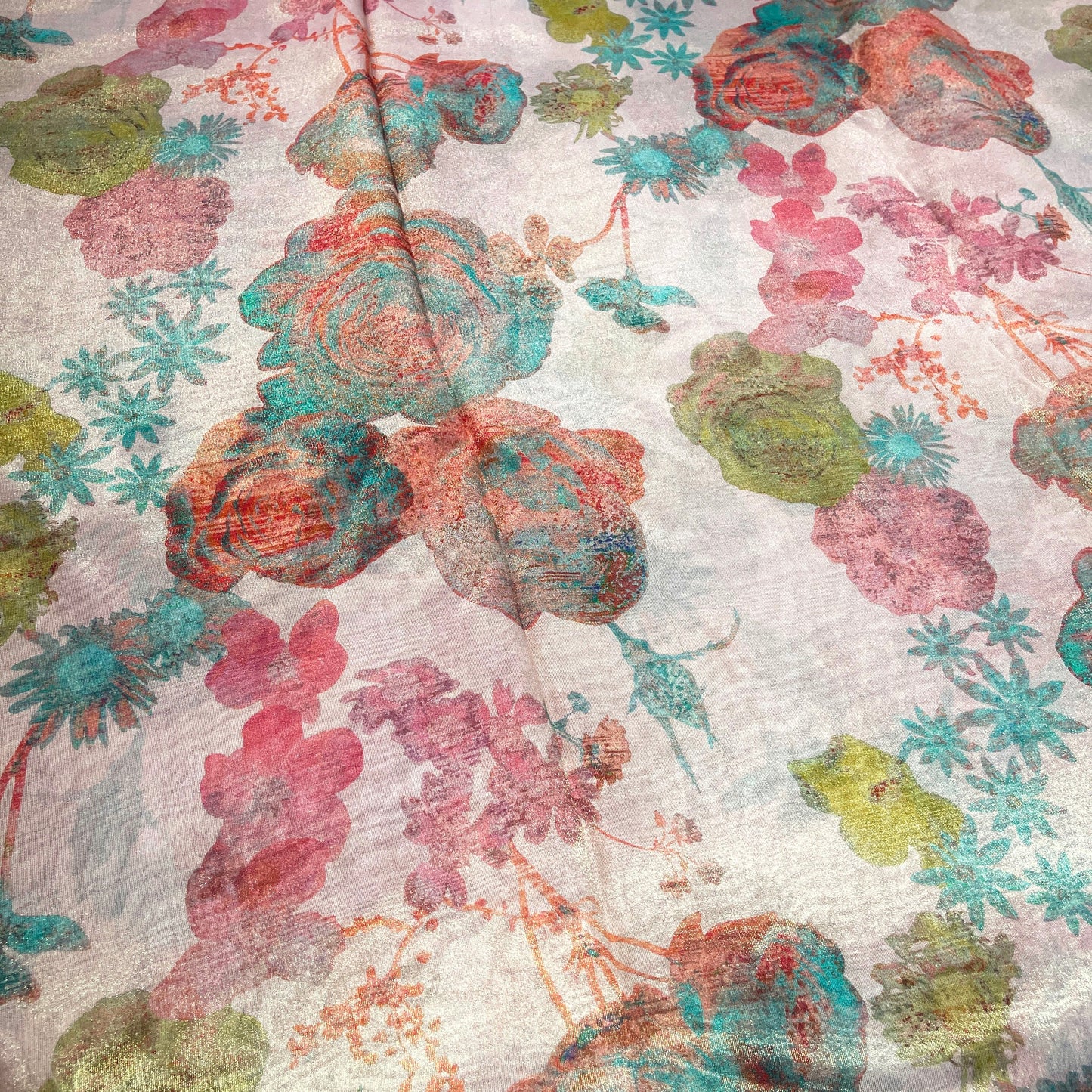 Blush Garden Shimmer Tissue Fabric – Pastel Floral Metallic Designer Fabric