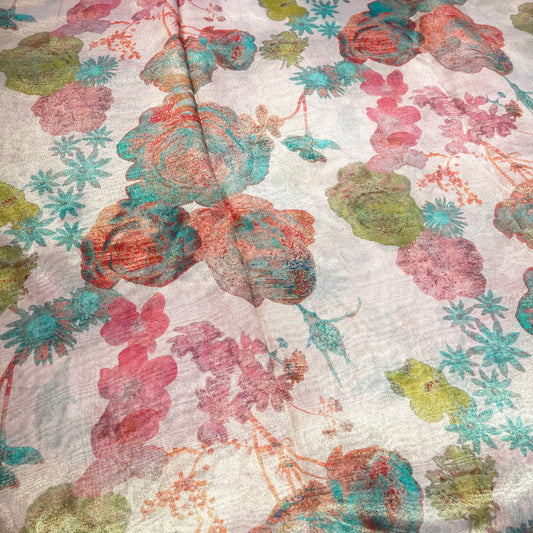 Blush Garden Shimmer Tissue Fabric – Pastel Floral Metallic Designer Fabric