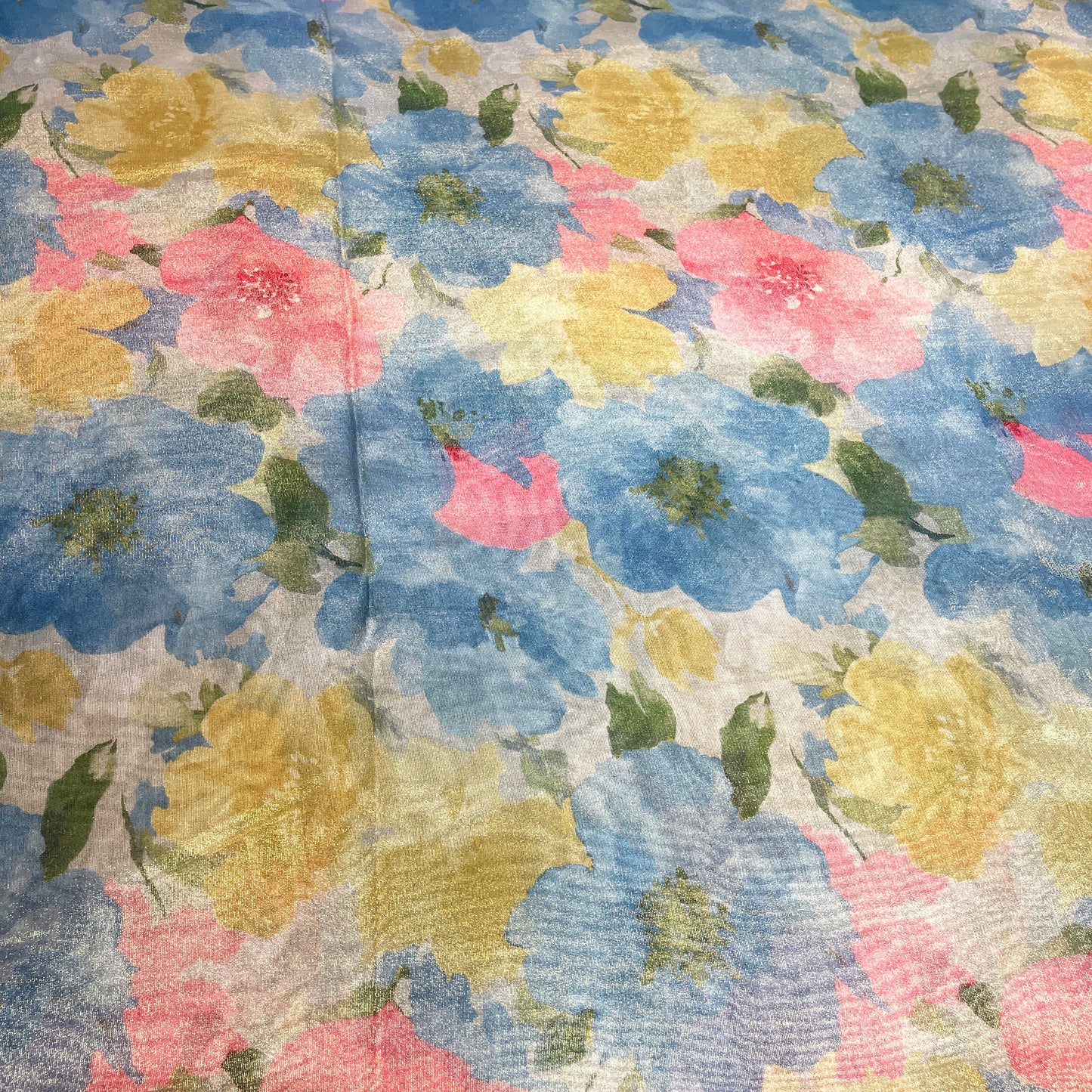Sky Blossom Shimmer Tissue Fabric – Pastel Blue Floral Metallic Designer Fabric