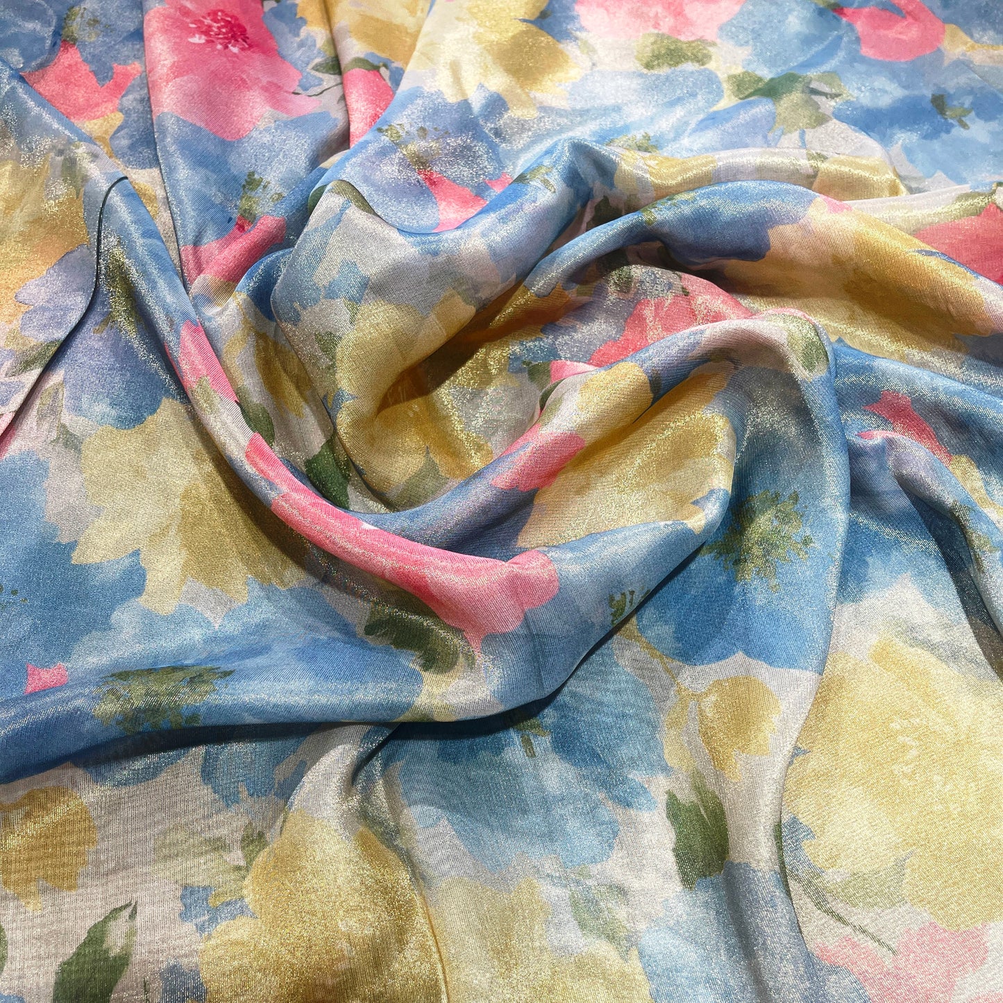 Sky Blossom Shimmer Tissue Fabric – Pastel Blue Floral Metallic Designer Fabric