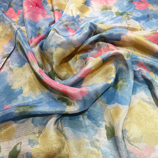 Sky Blossom Shimmer Tissue Fabric – Pastel Blue Floral Metallic Designer Fabric