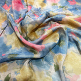 Sky Blossom Shimmer Tissue Fabric – Pastel Blue Floral Metallic Designer Fabric