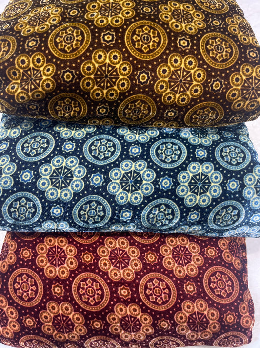 Traditional Ajrakh Inspired Circular Motif Printed Fabric (Brown, Indigo & Burgundy)