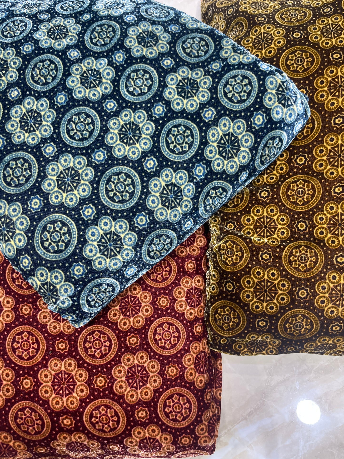 Traditional Ajrakh Inspired Circular Motif Printed Fabric (Brown, Indigo & Burgundy)