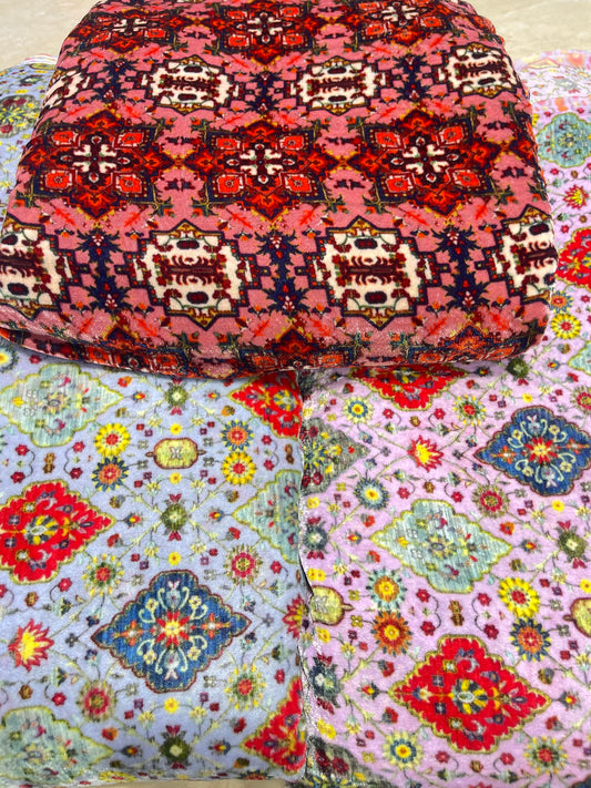 Vintage Persian Tile Pattern Velvet Fabric – Multicolor Ethnic Geometric Designer Textile