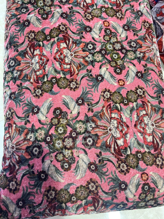 Vintage Pink Floral Velvet Fabric – Elegant Multicolor Botanical Designer Textile