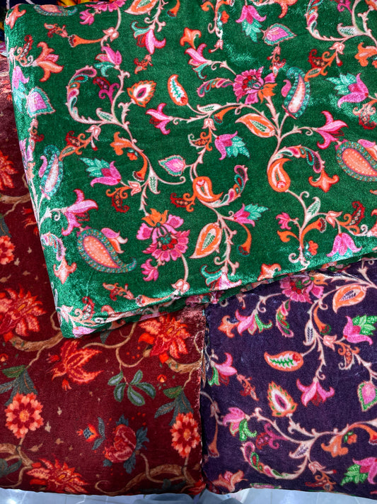 Deep Plum Purple Floral Velvet Fabric – Luxury Multicolor Botanical Designer Velvet