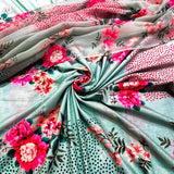 Mint Green Floral Cotton Fabric with Printed Chiffon Overlay – Designer Fabric Combo
