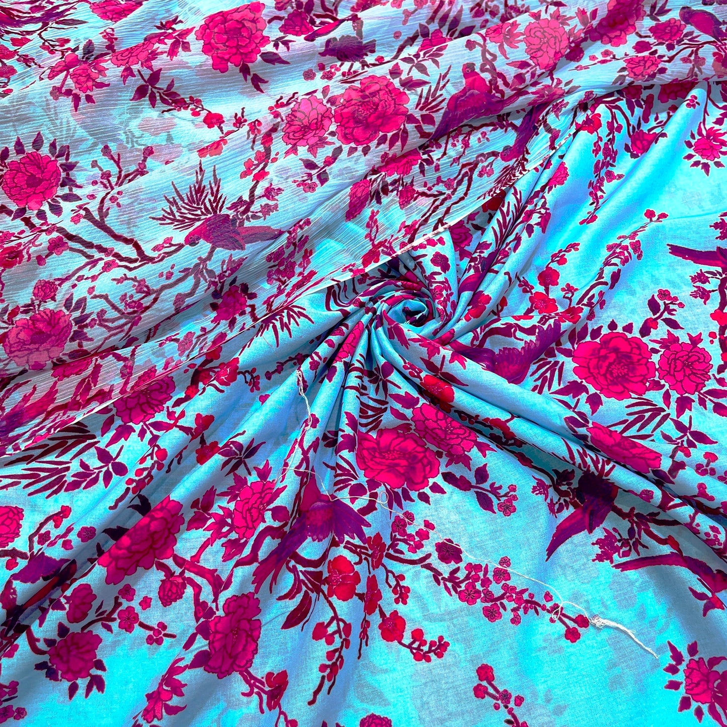 Aqua Blue & Magenta Floral Cotton Chiffon Fabric Combo