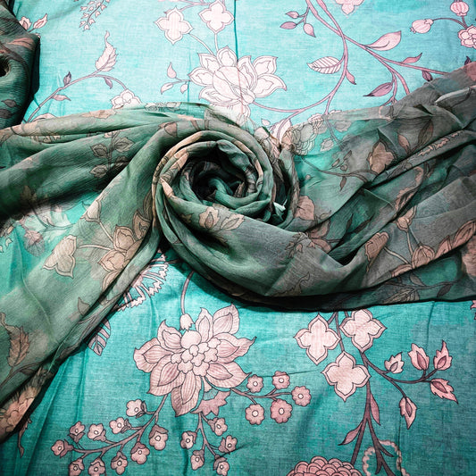 Mint Green Floral Cotton Chiffon Fabric Combo