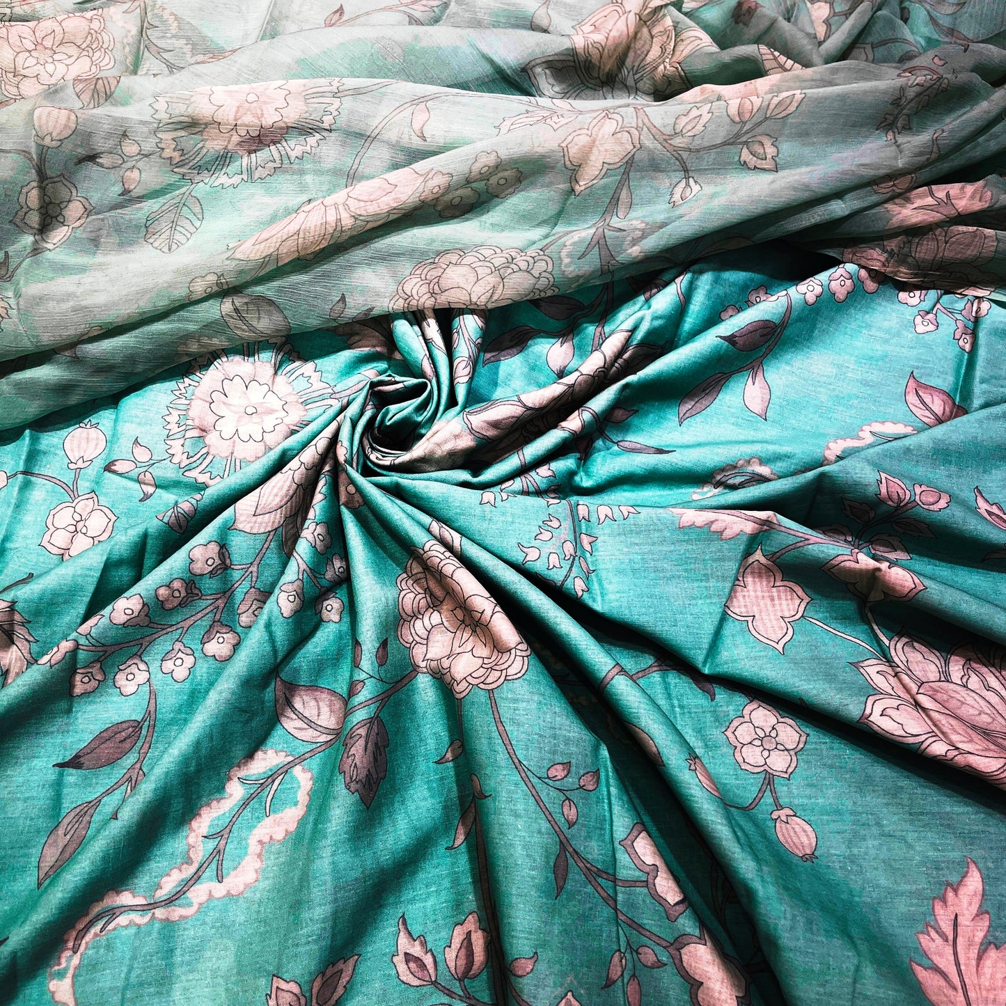 Mint Green Floral Cotton Chiffon Fabric Combo