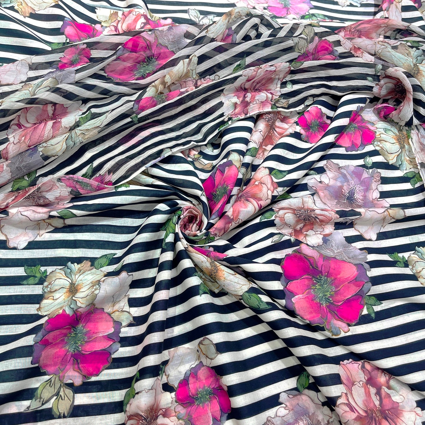 Elegant Black & White Striped Cotton with Pink Floral Chiffon Overlay Fabric Combo
