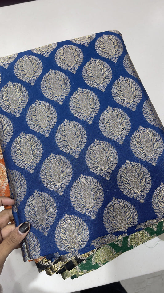Pure Silk Royal Blue Zari Buta Brocade Fabric with Antique Gold Weaving