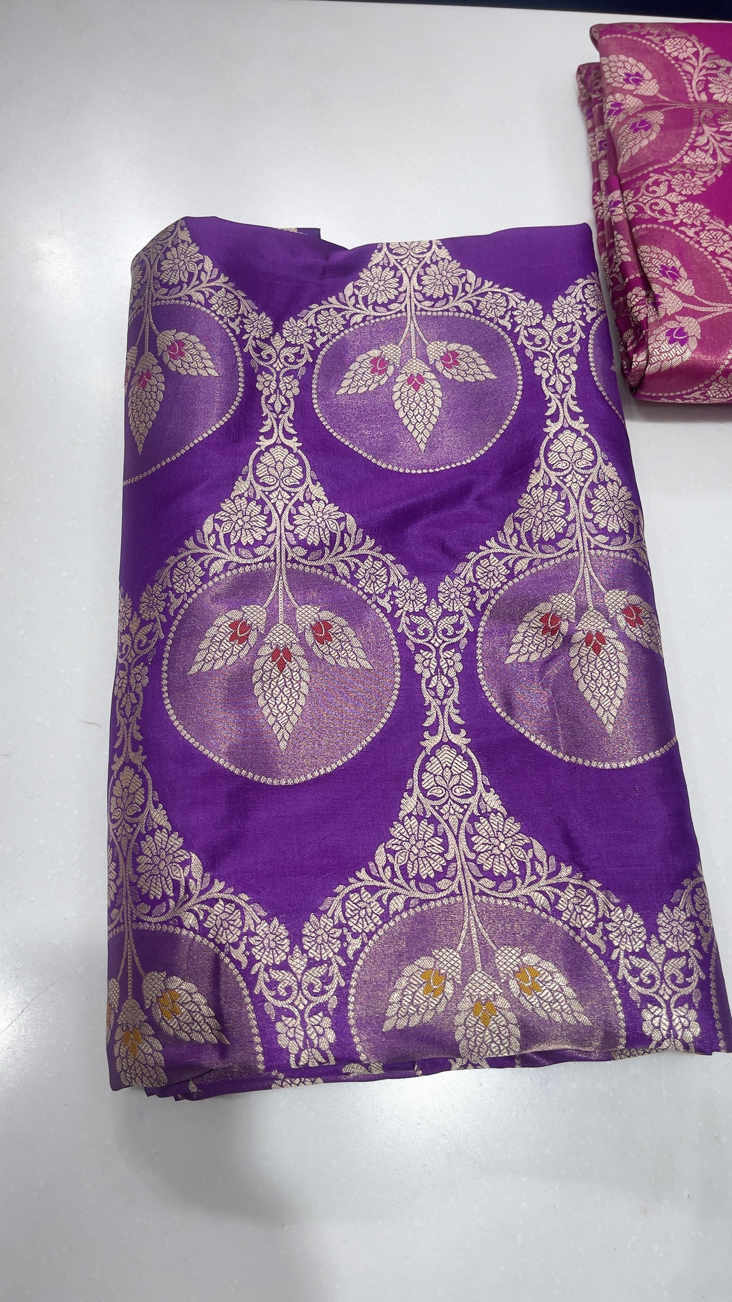Pure Silk Wine Red Zari Buta Brocade Fabric with Traditional Circular Motifs
