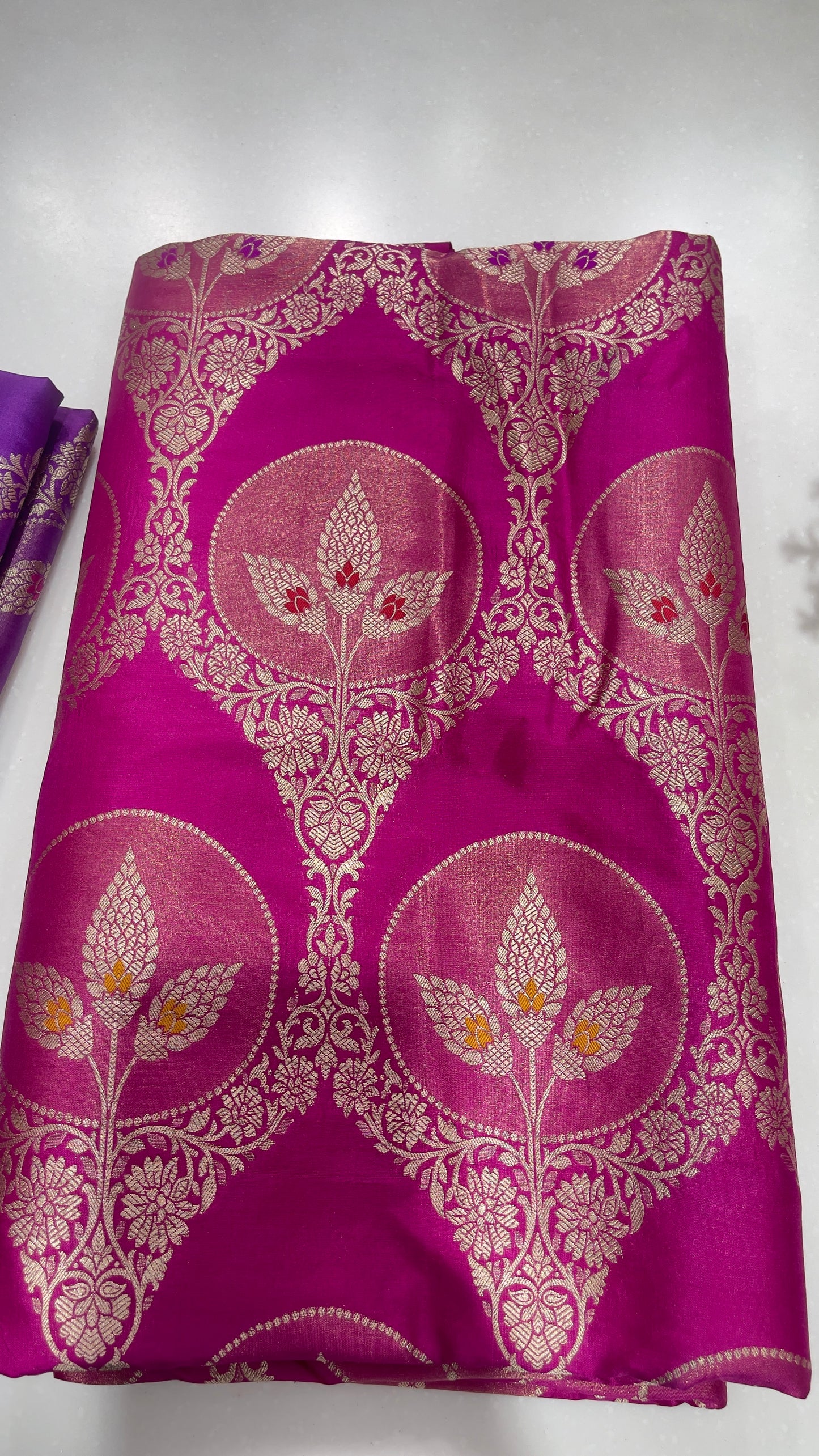 Pure Silk Wine Red Zari Buta Brocade Fabric with Traditional Circular Motifs