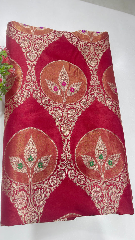 Pure Silk Wine Red Zari Buta Brocade Fabric with Traditional Circular Motifs