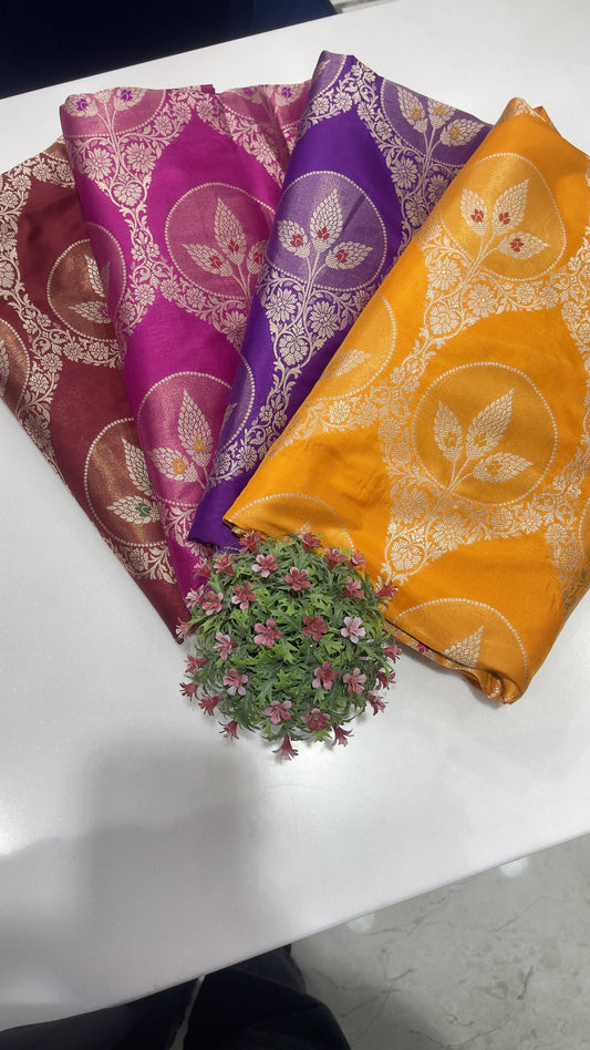 Pure Silk Wine Red Zari Buta Brocade Fabric with Traditional Circular Motifs