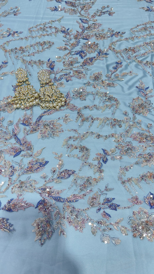 Designer Net Embroidery Fabric – Pastel Blue with Heavy Beads & Sequin Work
