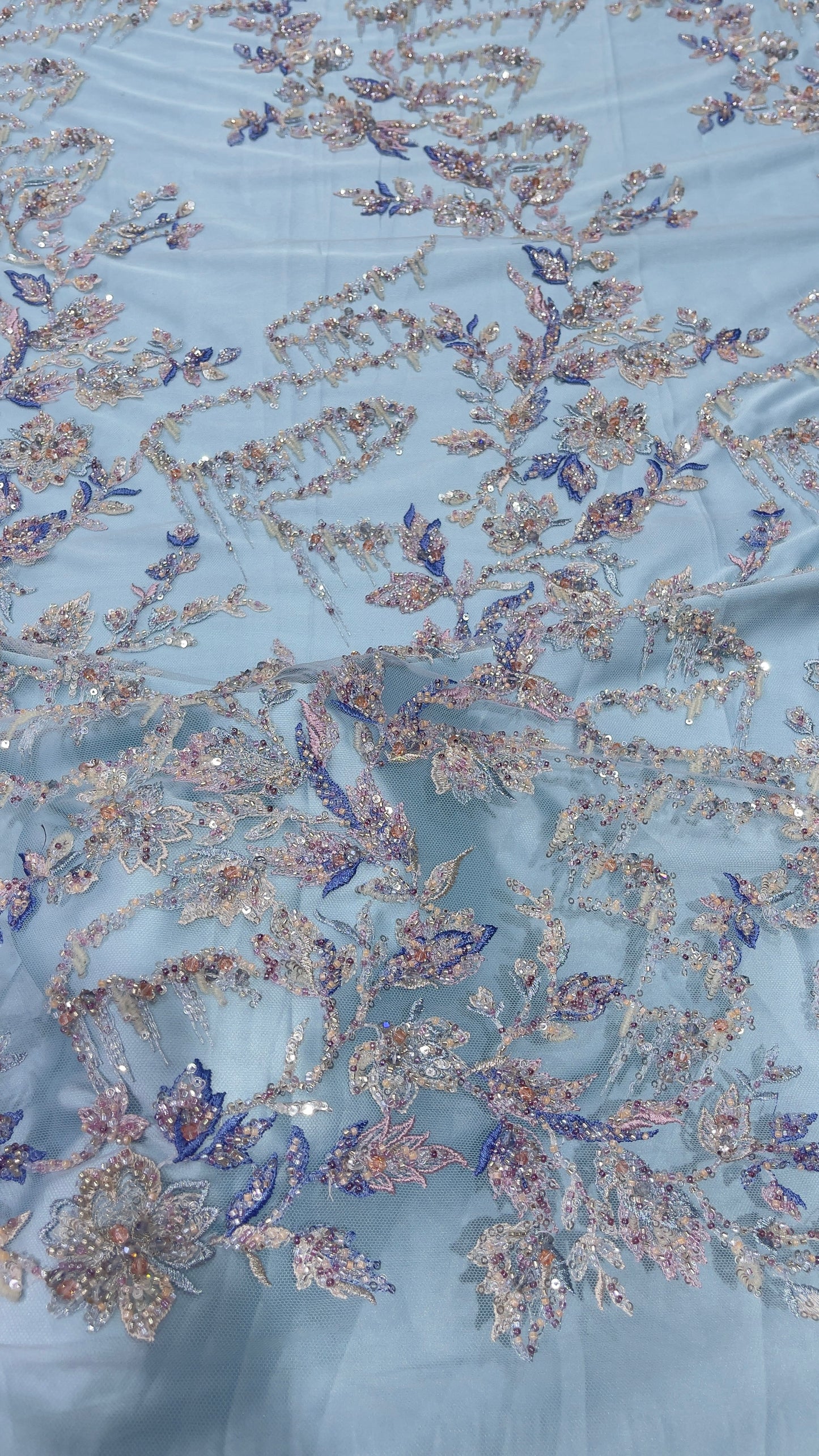 Designer Net Embroidery Fabric – Pastel Blue with Heavy Beads & Sequin Work