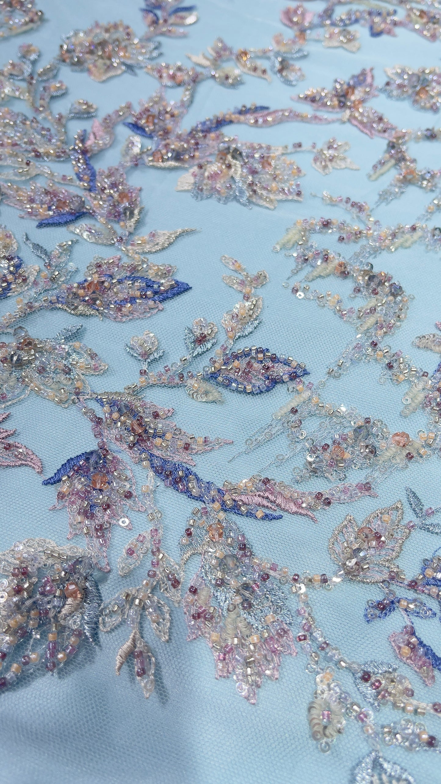 Designer Net Embroidery Fabric – Pastel Blue with Heavy Beads & Sequin Work