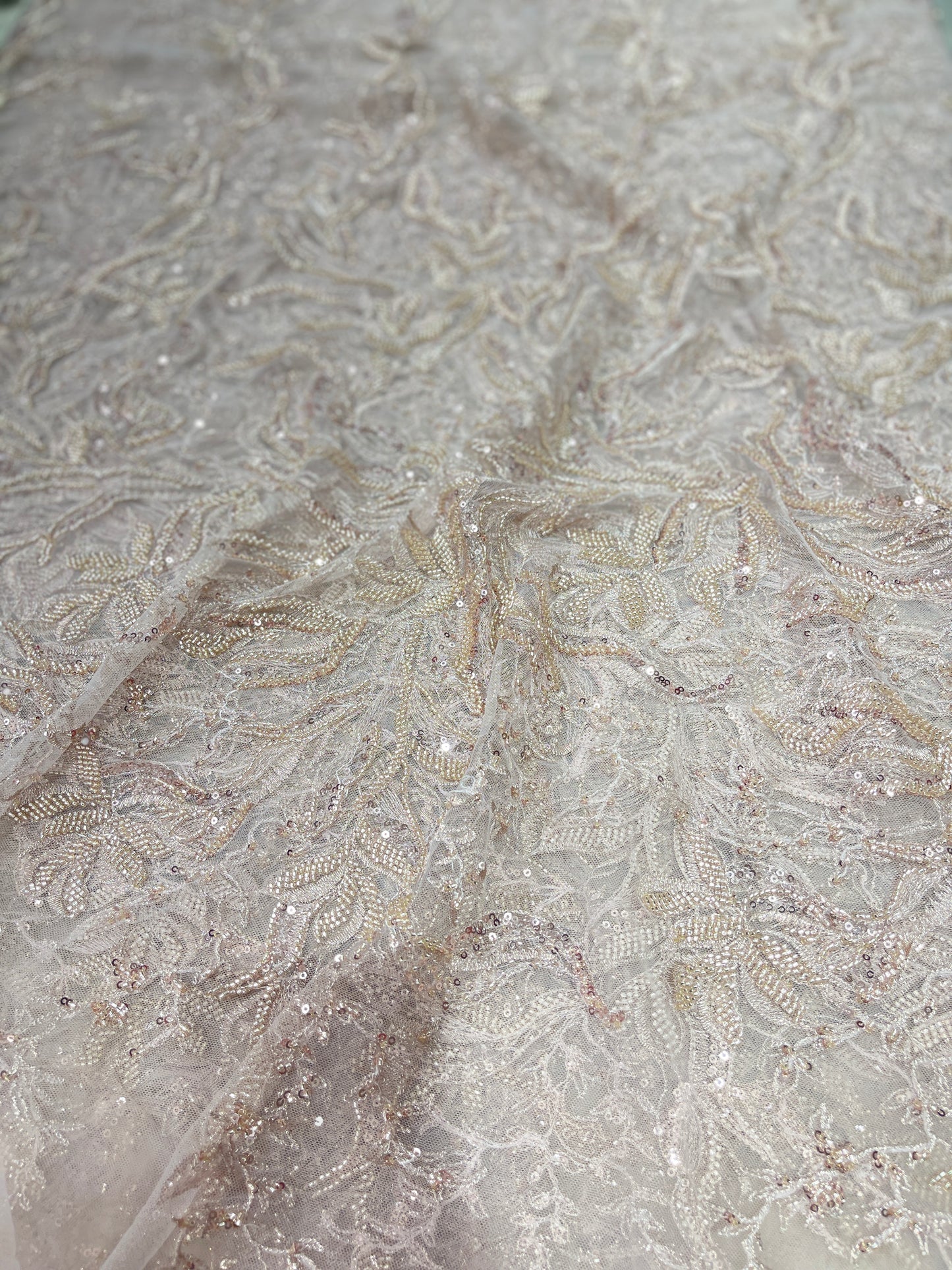 Luxury Net Embroidery Fabric – Silver Champagne Beaded Bridal Net