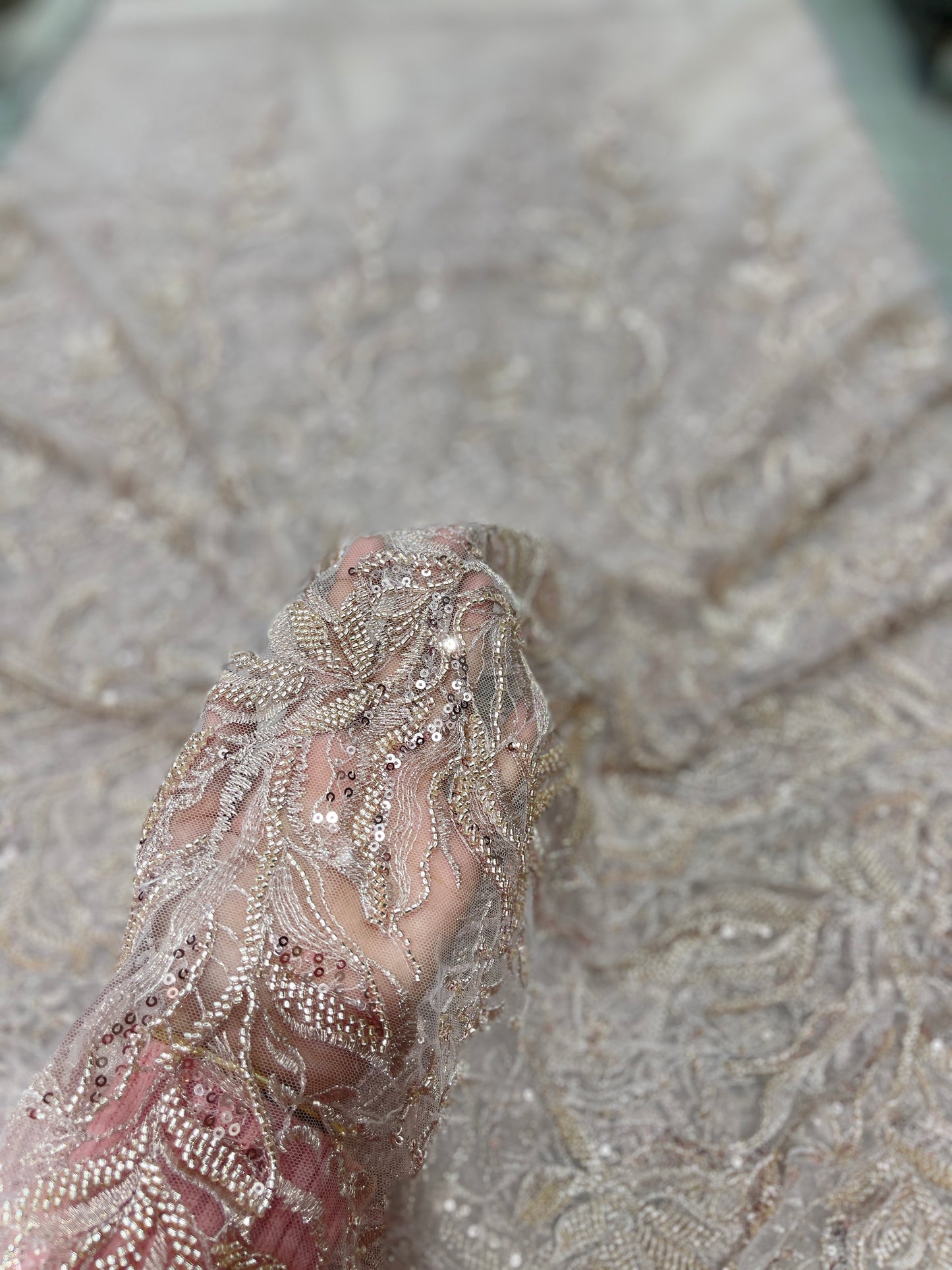 Luxury Net Embroidery Fabric – Silver Champagne Beaded Bridal Net