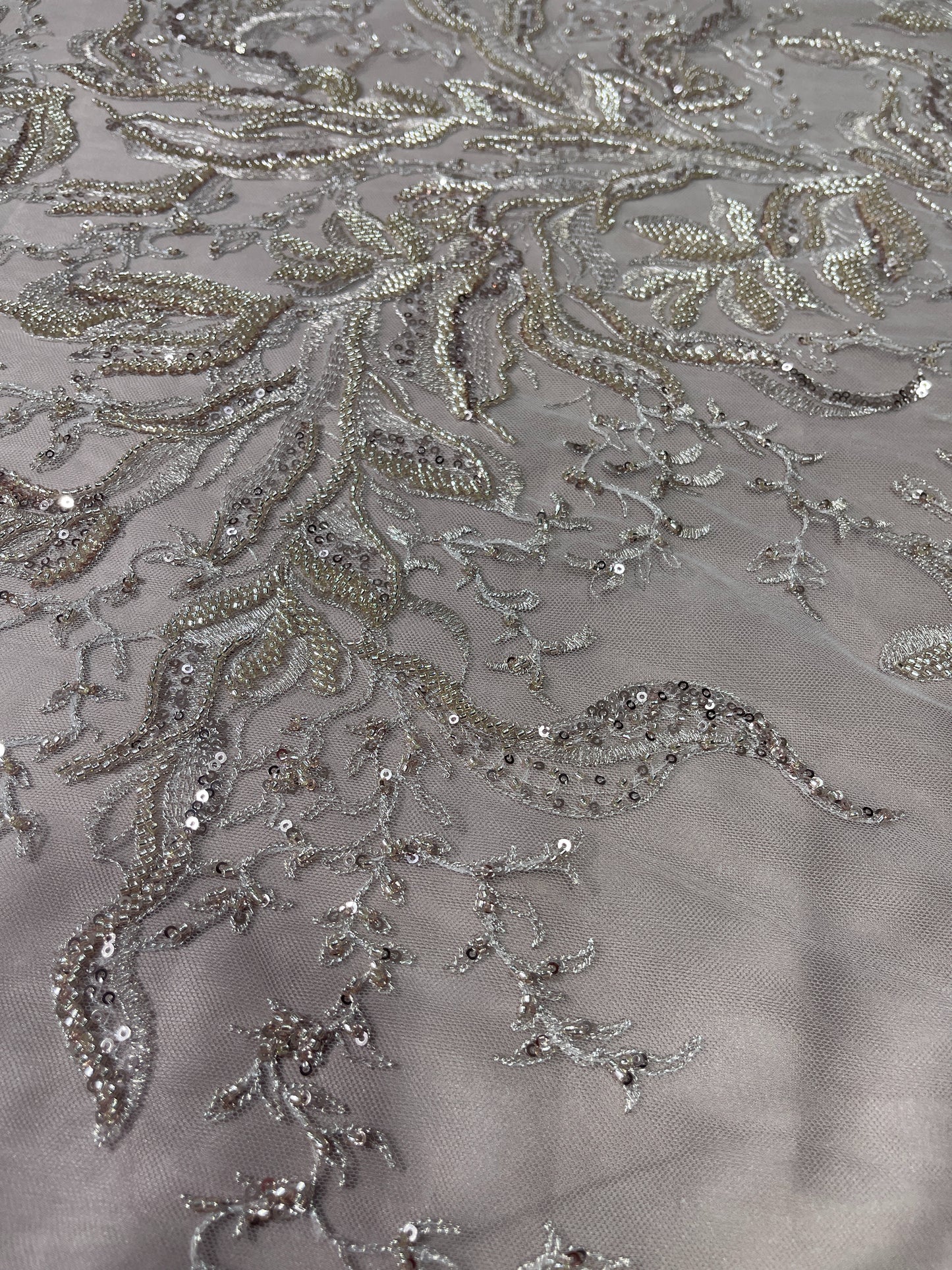 Luxury Net Embroidery Fabric – Silver Champagne Beaded Bridal Net