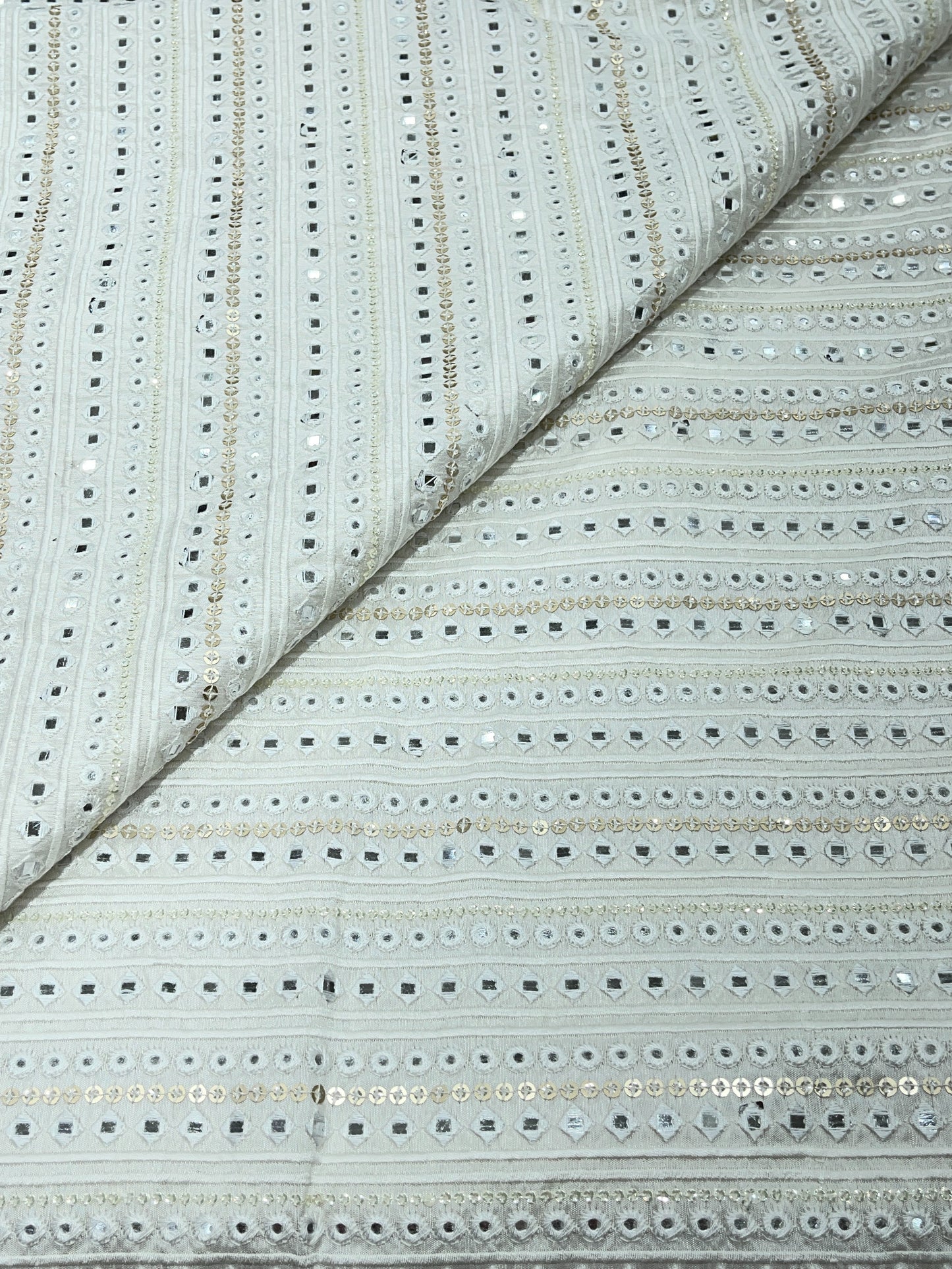 Dupion Embroidery Fabric in Off-White with Mirror & Thread Work