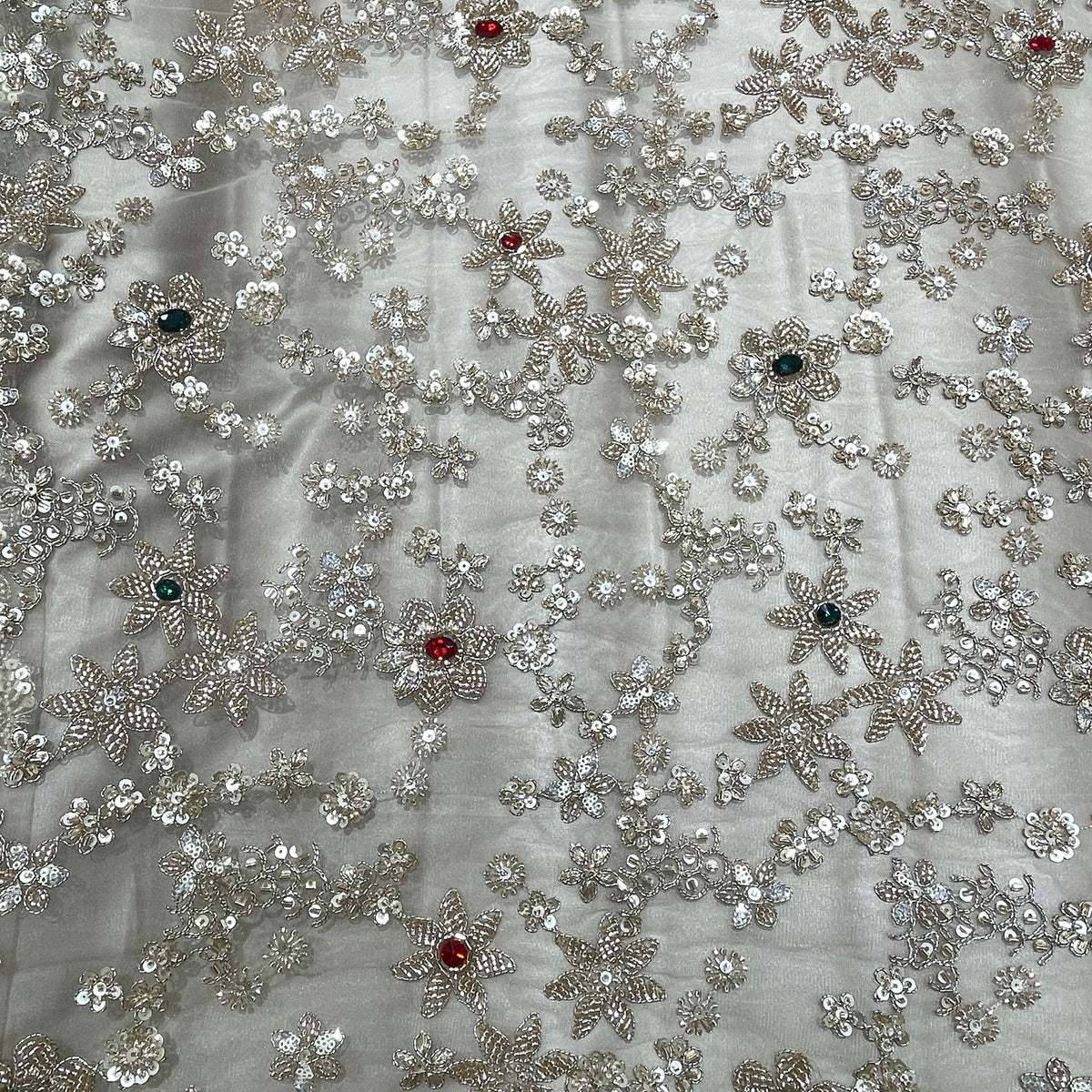 Premium Floral Net Embroidery Fabric with Sequin & Stone Work