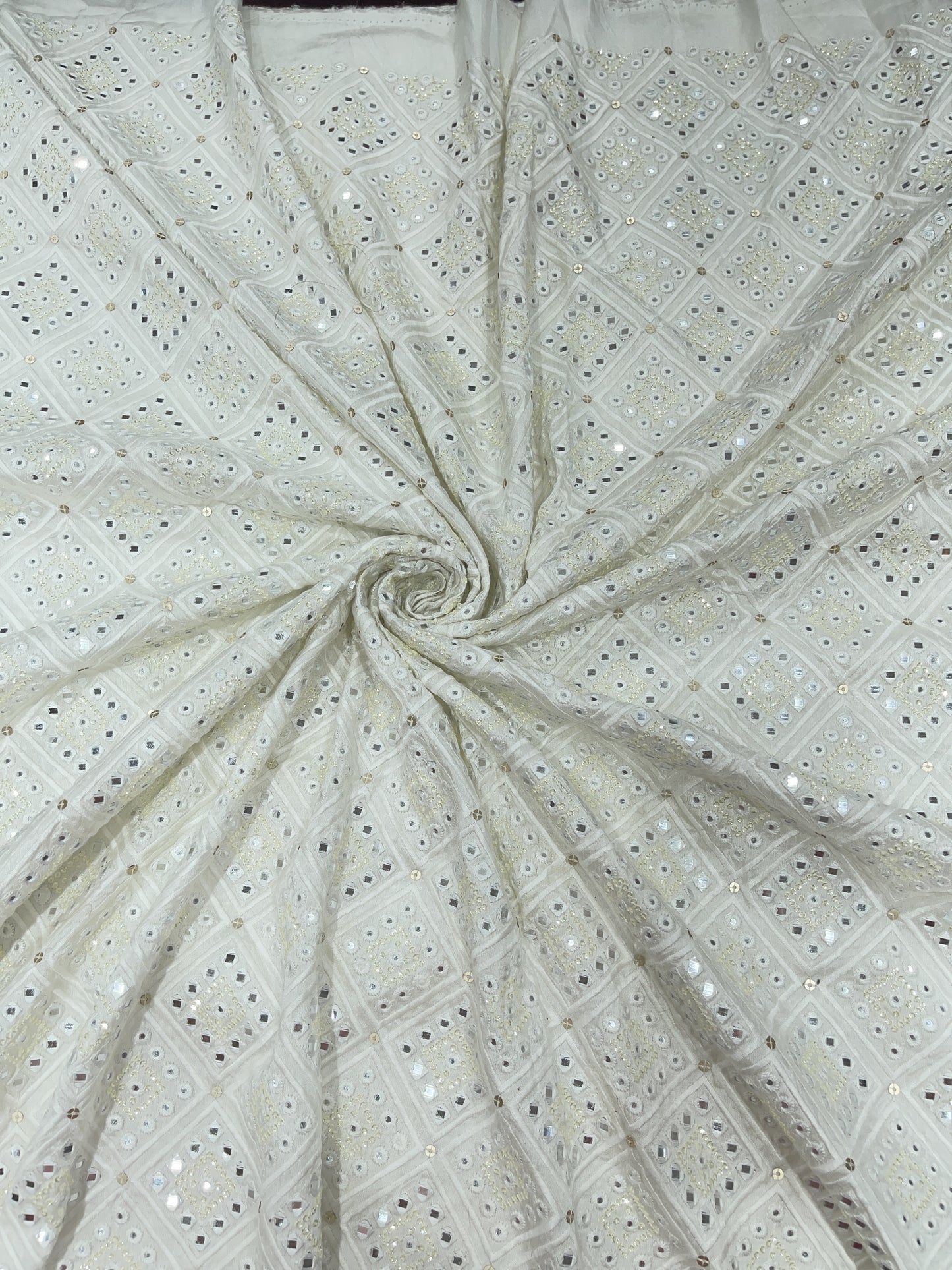 Dupion Embroidery Fabric – Ivory White Mirror & Sequin Work