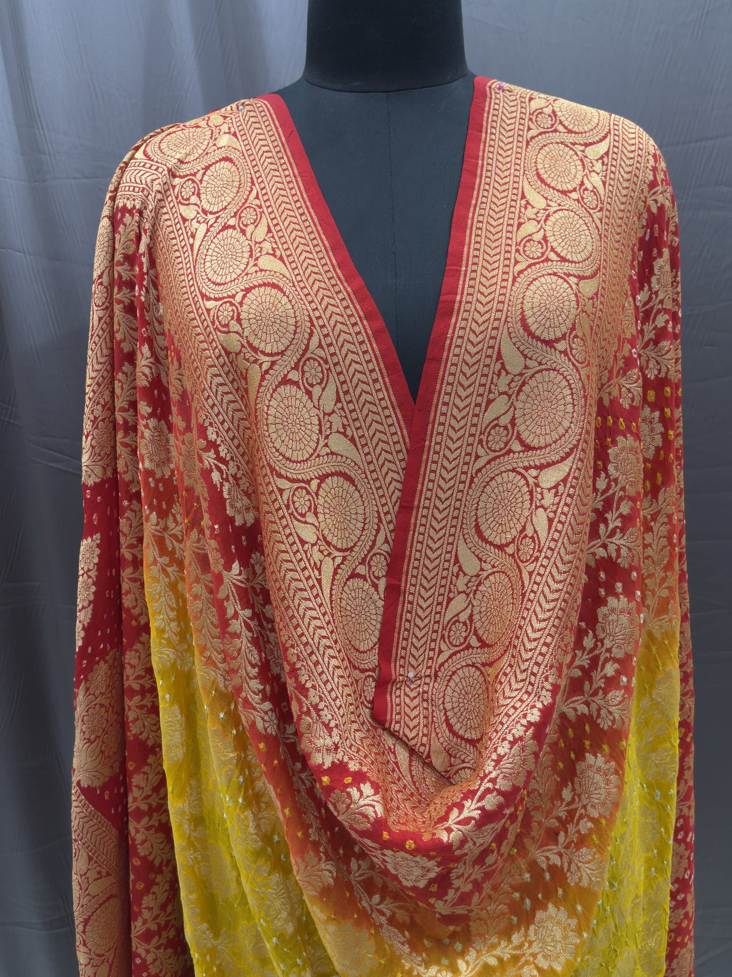 Pure Banarasi Dupatta in Red–Yellow Ombre with Heavy Gold Zari Border
