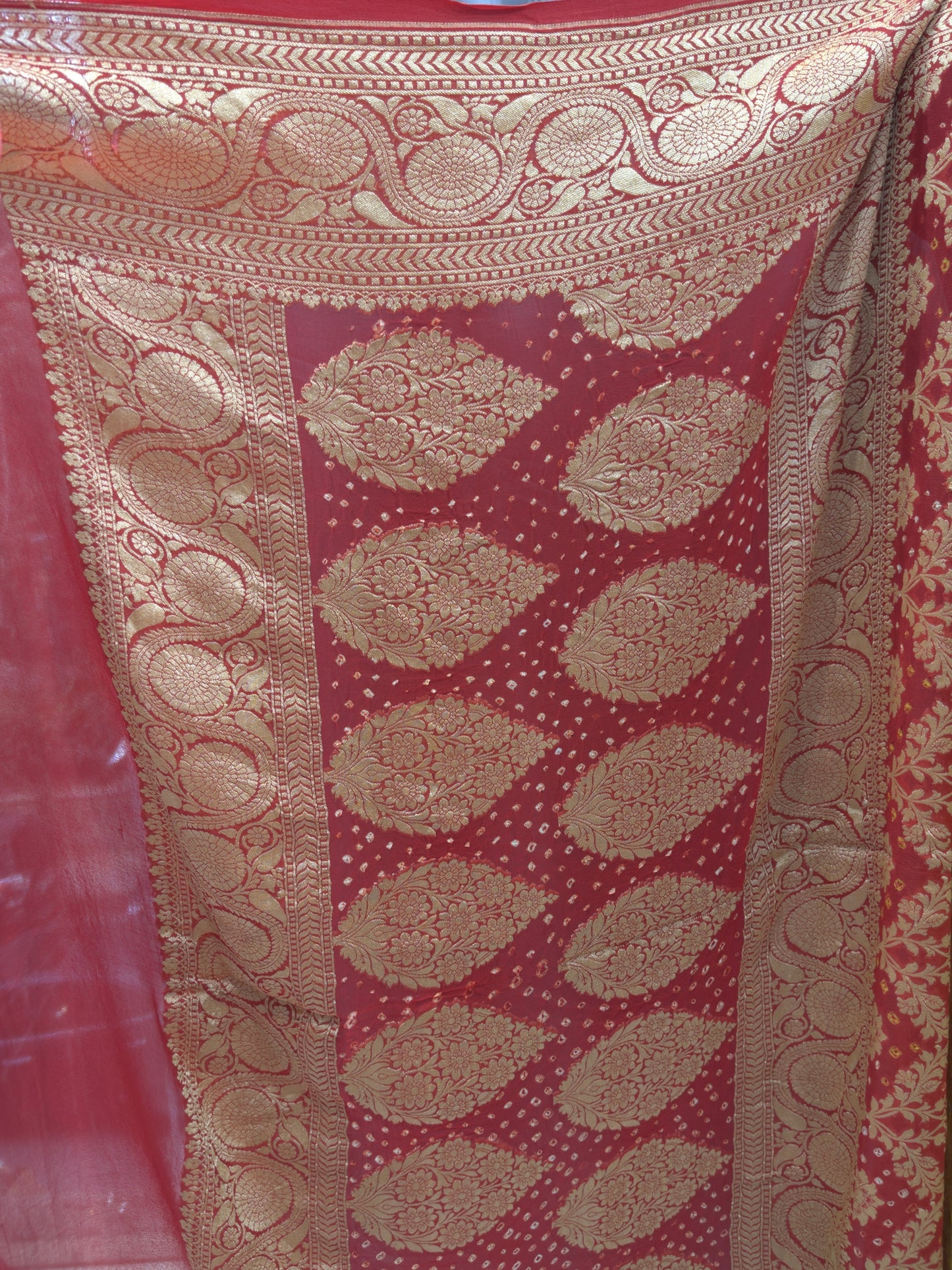 Pure Banarasi Dupatta in Red–Yellow Ombre with Heavy Gold Zari Border