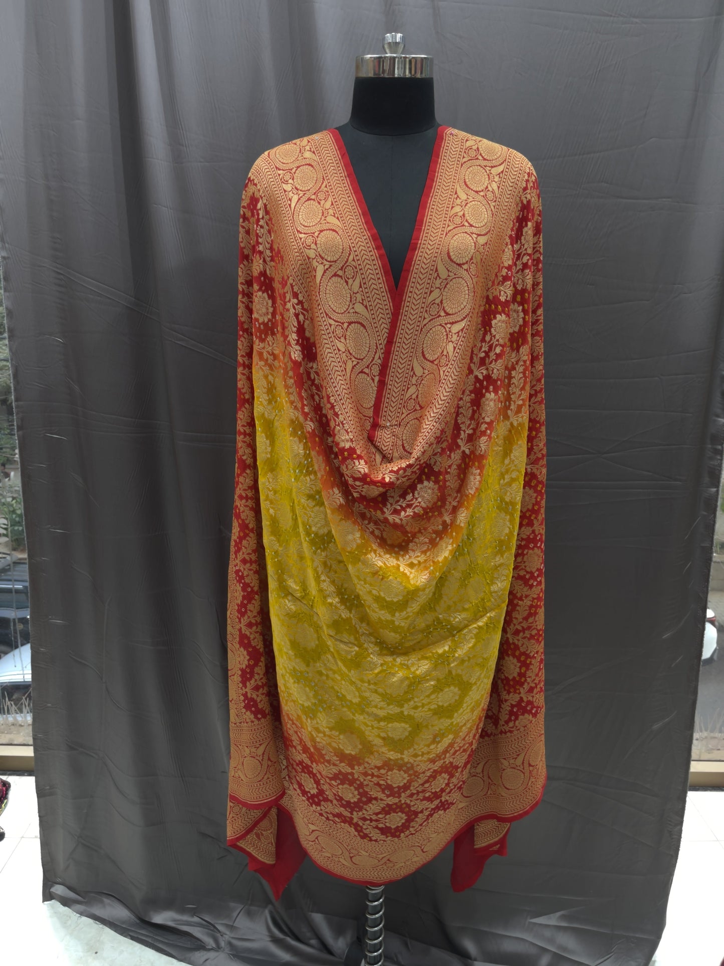 Pure Banarasi Dupatta in Red–Yellow Ombre with Heavy Gold Zari Border