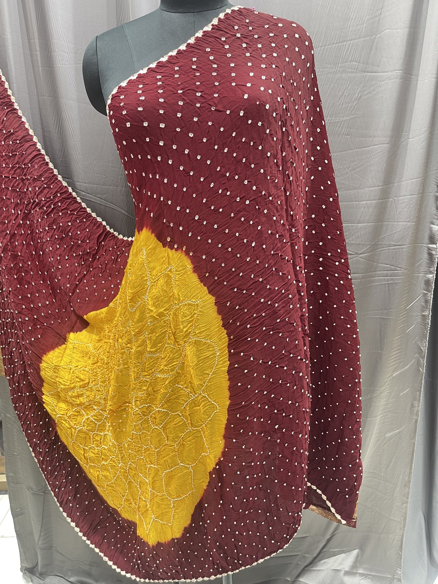 Pure Bandhani Dupatta in Maroon & Mustard with Traditional Tie-Dye Work