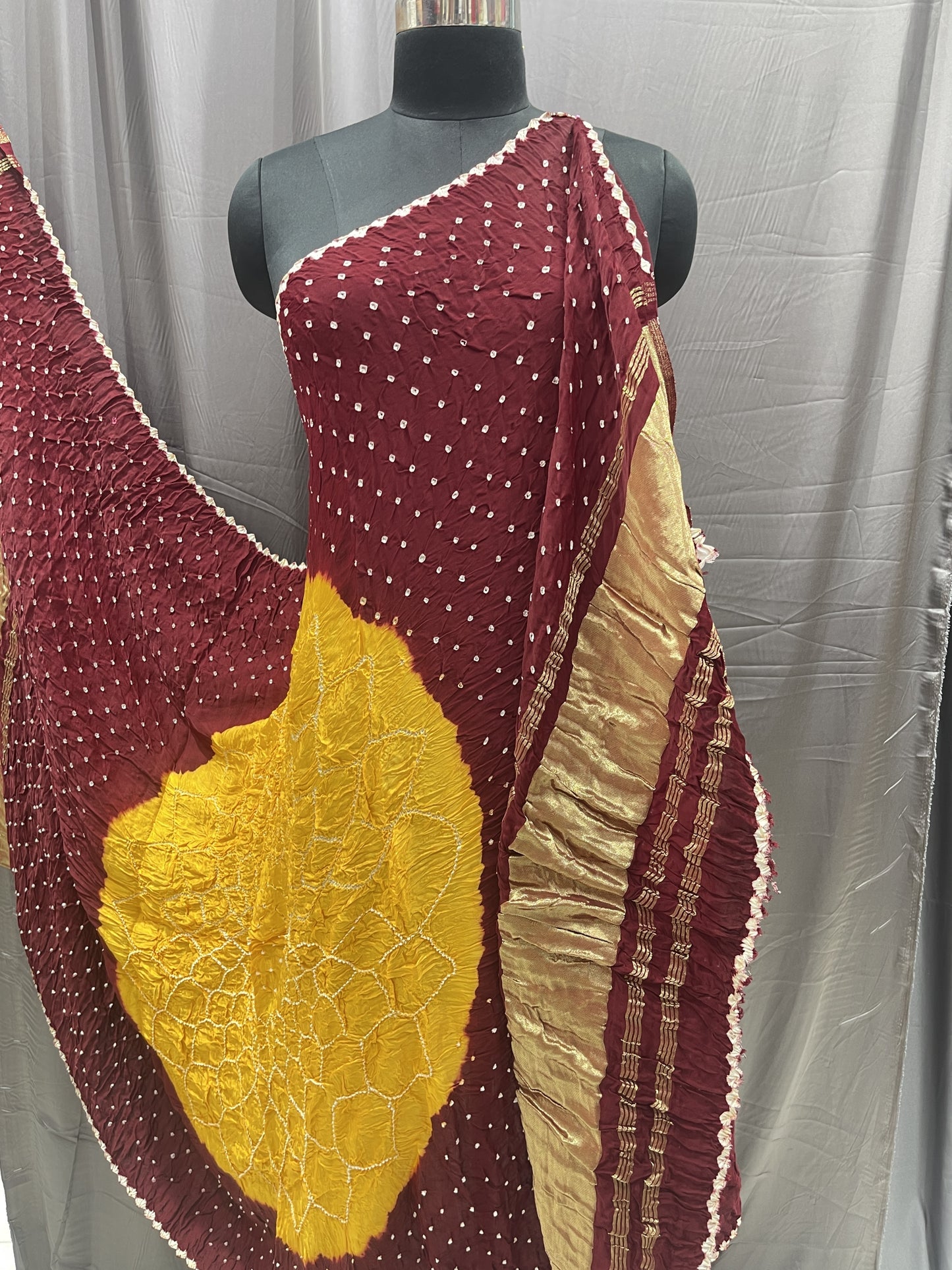 Pure Bandhani Dupatta in Maroon & Mustard with Traditional Tie-Dye Work