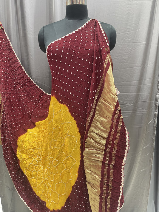 Pure Bandhani Dupatta in Maroon & Mustard with Traditional Tie-Dye Work