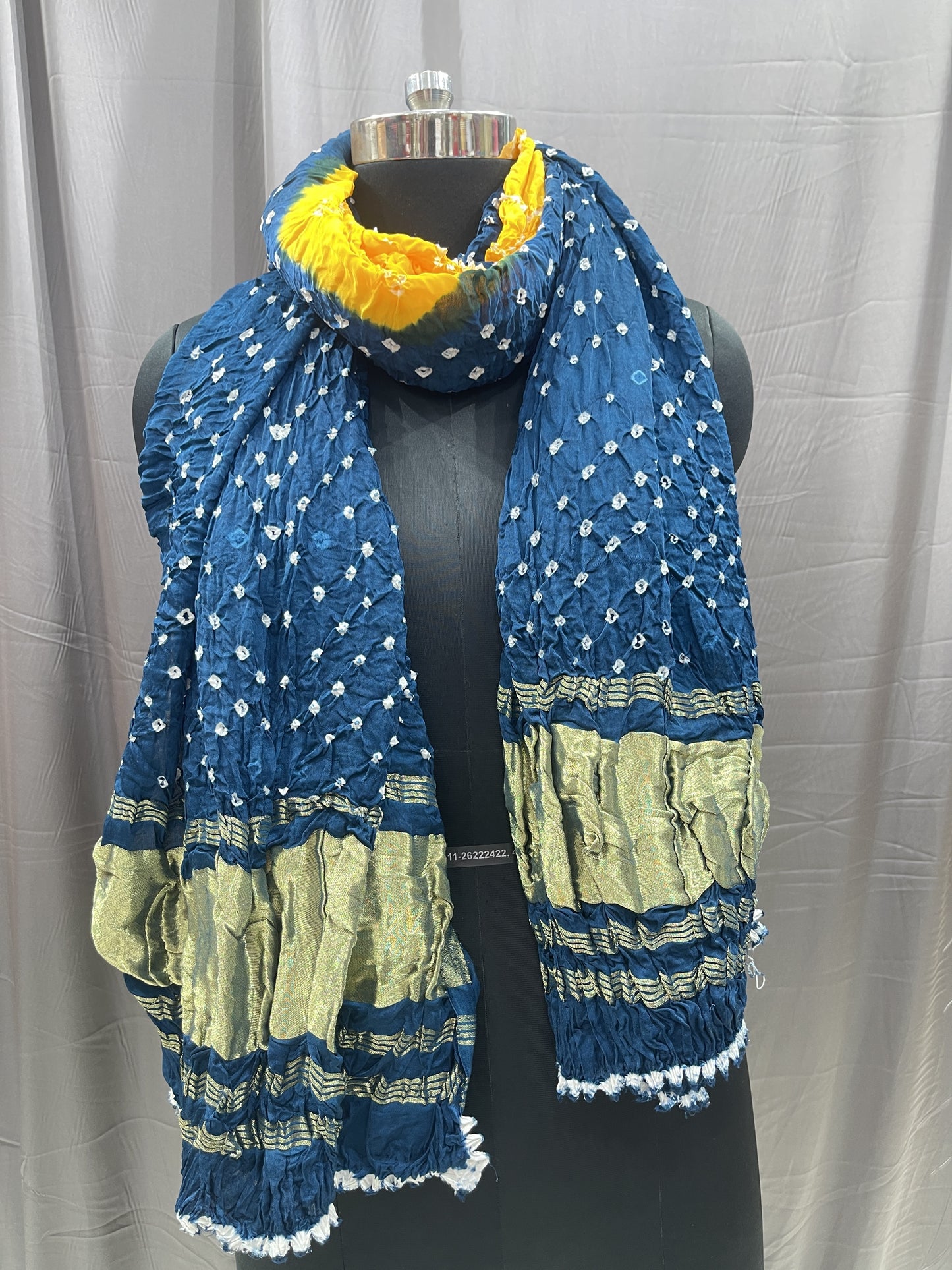 Pure Bandhani Dupatta in Indigo Blue & Mustard with Zari Border