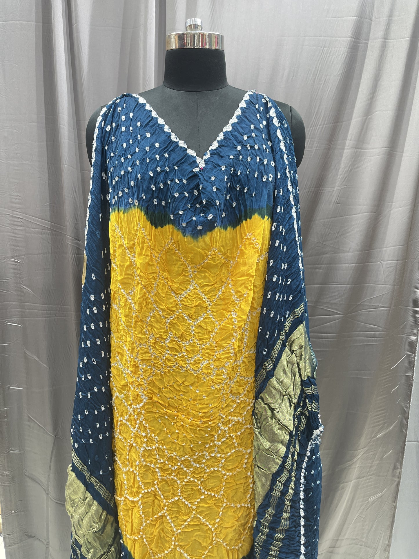 Pure Bandhani Dupatta in Indigo Blue & Mustard with Zari Border