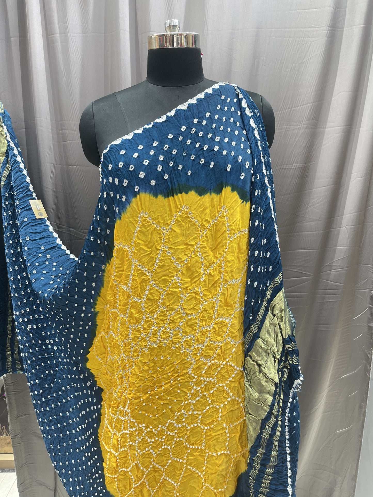 Pure Bandhani Dupatta in Indigo Blue & Mustard with Zari Border