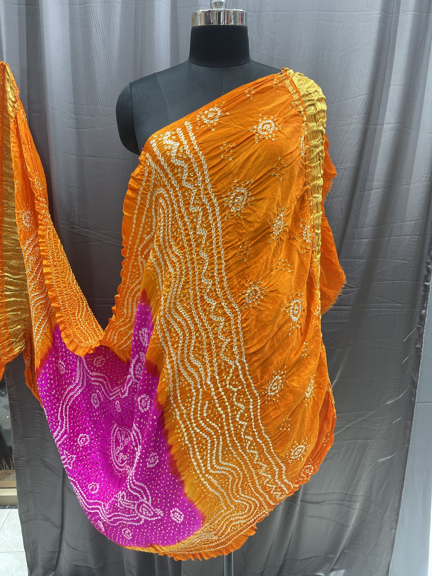 Pure Bandhani Dupatta in Orange & Pink with Traditional Tie-Dye Work and Zari Border