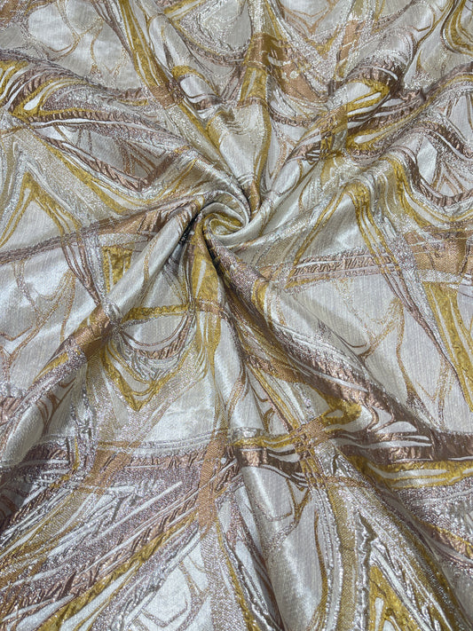 Luxury Imported Abstract Metallic Shimmer Fabric – Ivory Gold & Rose Gold Designer Party Wear Material