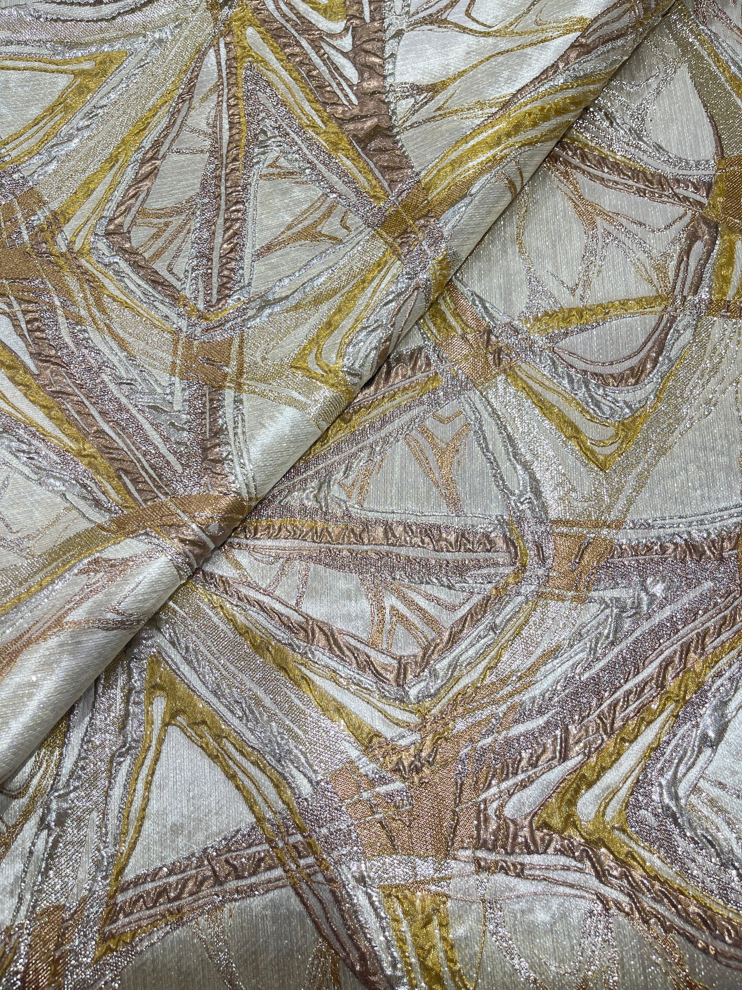 Luxury Imported Abstract Metallic Shimmer Fabric – Ivory Gold & Rose Gold Designer Party Wear Material