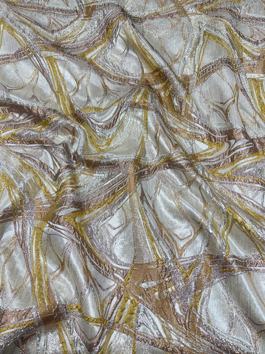 Luxury Imported Abstract Metallic Shimmer Fabric – Ivory Gold & Rose Gold Designer Party Wear Material