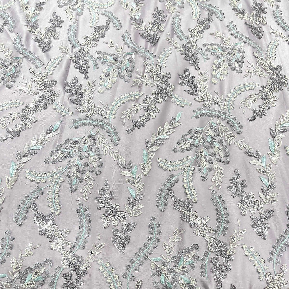Luxury 3D Floral Sequin Embroidered Net Fabric – Silver, Champagne & Mint
