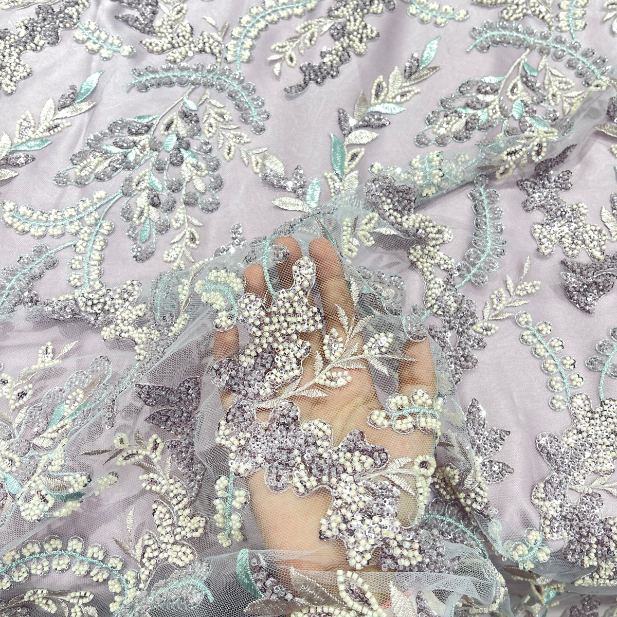 Luxury 3D Floral Sequin Embroidered Net Fabric – Silver, Champagne & Mint