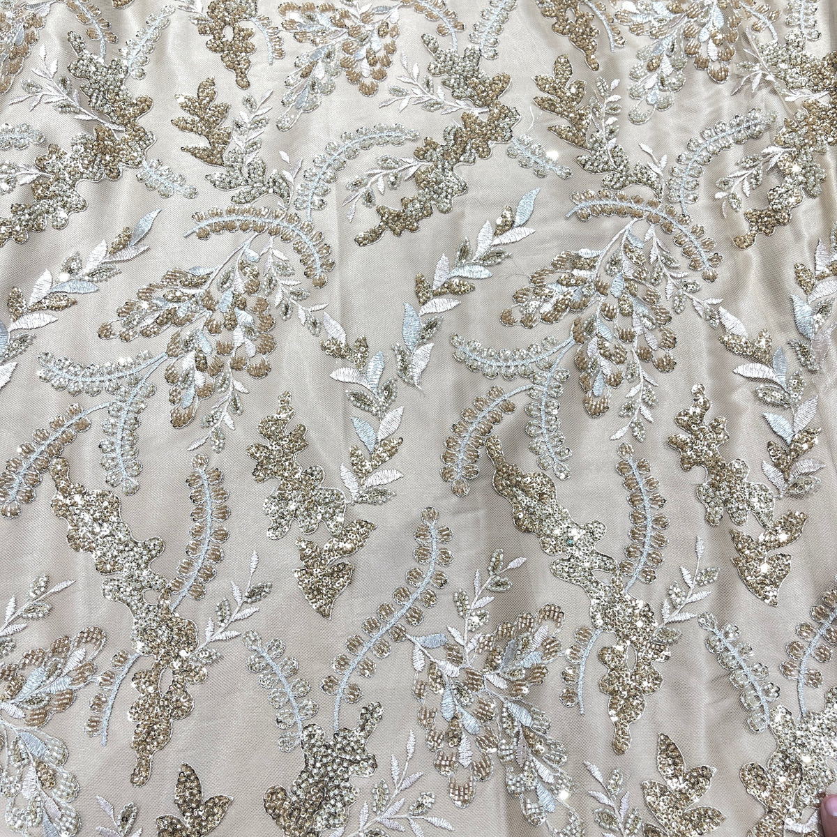 Luxury 3D Floral Sequin Embroidered Net Fabric – Silver, Champagne & Mint