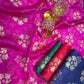 Pure Silk Emerald Green Floral Brocade Fabric with Gold Zari
