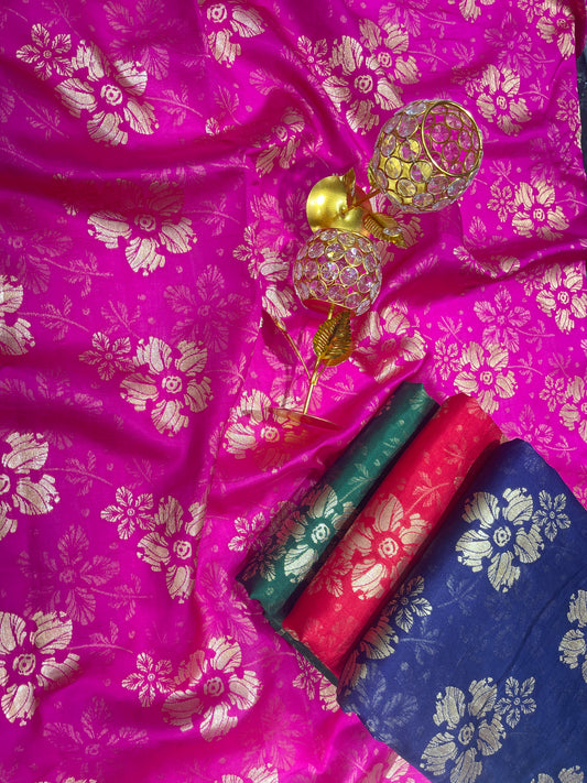 Pure Silk Emerald Green Floral Brocade Fabric with Gold Zari